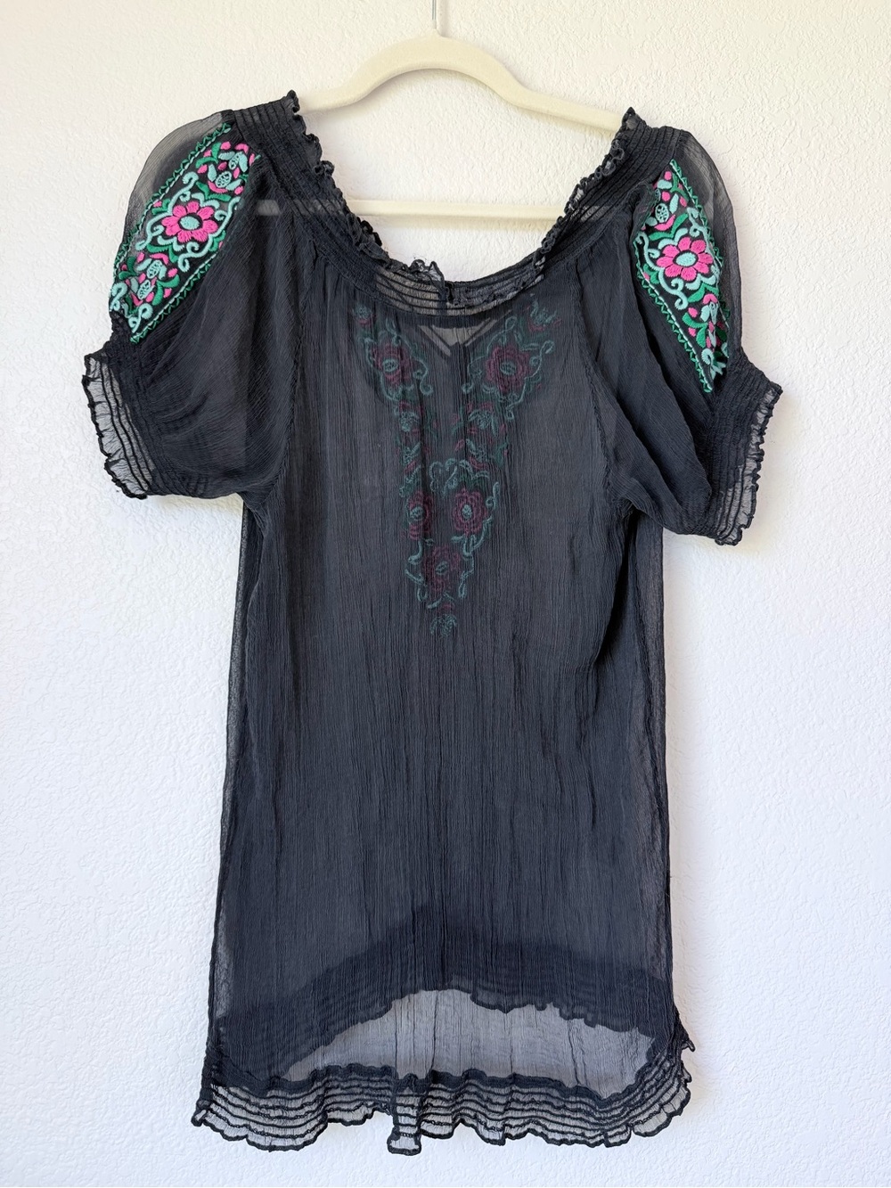 Black Silk Embroidered Sheer Boho Peasant Tunic Blouse Pink Floral No Size - Picture 2 of 8